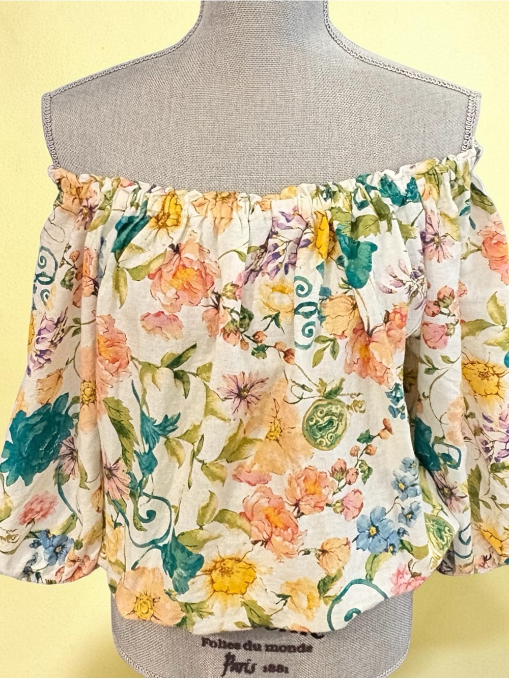Rachel Zoe Floral Crop TopOff-Shoulder Puff Sleeve Boho Linen Blouse